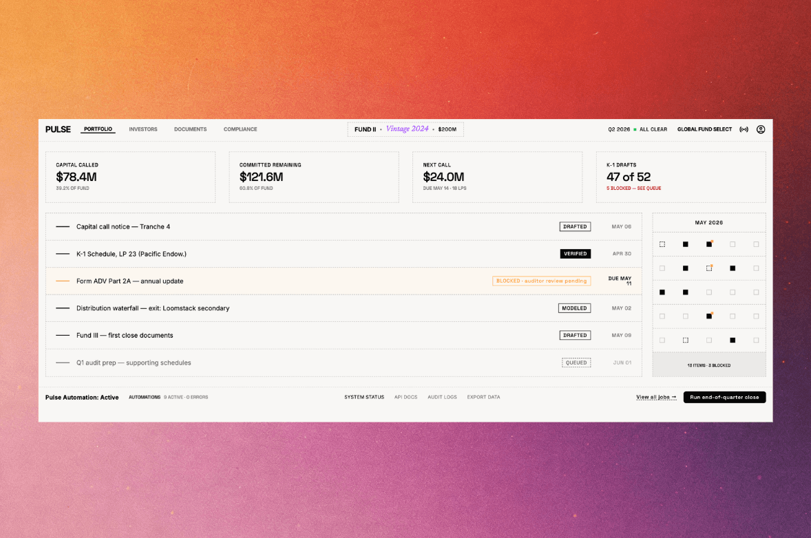 Pulse dashboard preview: a portfolio heat list ordered by implied runway, with confirmed cash, net burn, and revenue movement per company.